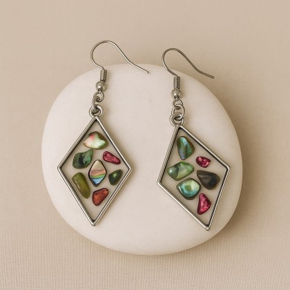 Σκουλαρίκια ρόμβος με πολύχρωμες ημιπολύτιμες πλάκες