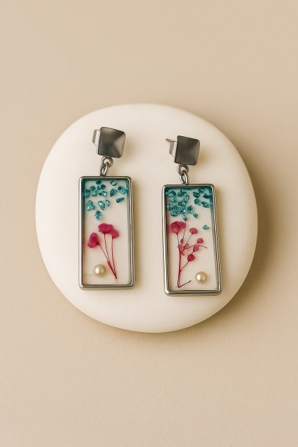 Ορθογώνια σκουλαρίκια με ημιπολύτιμους λίθους & αποξηραμένα λουλούδια