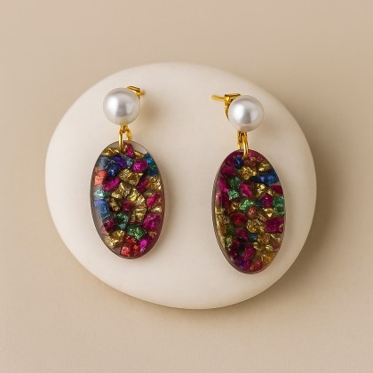 Σκουλαρίκια οβάλ με πολύχρωμους ημιπολύτιμους λίθους