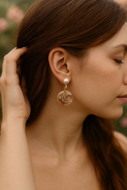 Μικρό σκουλαρίκι από ρητίνη με γέμισμα πολύχρωμο τριαντάφυλλο και ημιπολύτιμες πέτρες με κούμπωμα λευκής πέρλας φορεμένο