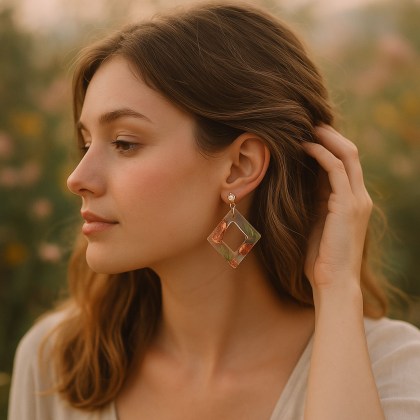 Σκουλαρίκι γεωμετρικό σε σχήμα ρόμβου με γέμισμα ρητίνης, αποξηραμένου φυλλώματος και φύλλα χρυσου