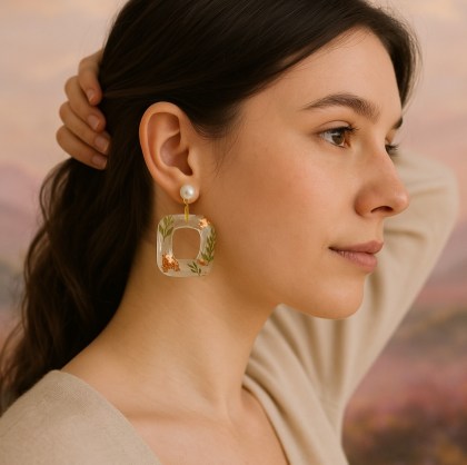 Σκουλαρίκι γεωμετρικό σε σχήμα ρόμβου υγρο γυαλί με λεπτομέρειες αποξηραμένου φυλλώματος και φύλλα χρυσού