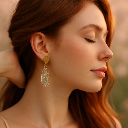 Σκουλαρίκι οβάλ ρητίνης με γέμισμα χρυσές ημιπολύτιμες πέτρες, με κούμπωμα χρυσή βάση φορεμένο