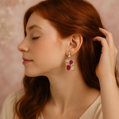 ​Σκουλαρίκι σε ορθογώνιο σχήμα ρητίνης, με γέμισμα από ροζ τριαντάφυλλα και ημιπολύτιμες πέτρες, μήκους με κούμπωμα λευκή πέρλα φορεμένο