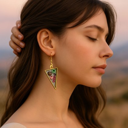 Σκουλαρίκι τριγωνικό ρητίνης με γέμισμα ημιπολύτιμες πέτρες με χρυσό κούμπωμα φορεμένο