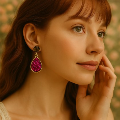 Χειροποίητα σκουλαρίκια σε σχήμα δάκρυ με φούξια λάμψη φορεμένο