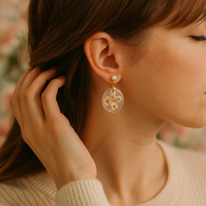 Σκουλαρίκια με λεπτομέρειες λευκές και κίτρινες μαργαρίτες