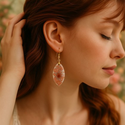 Σκουλαρίκια οβάλ με λεπτομέρειες κόκκινου φυλλώματοςκαι φύλλων χρυσού φορεμμένο