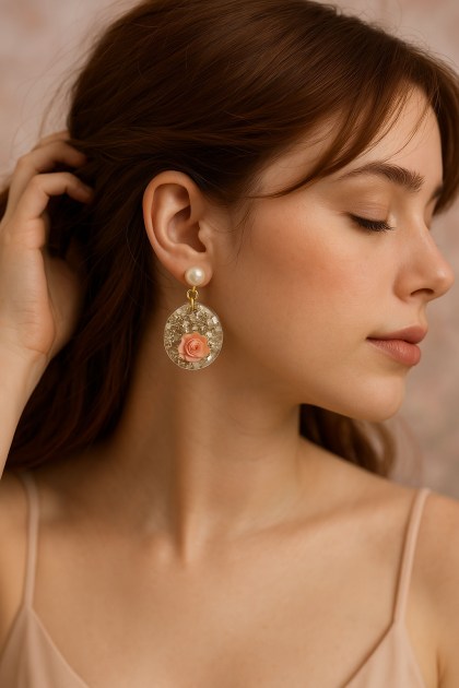 Σκουλαρίκια σε σχήμα στρογγυλό ρητίνης με γέμισμα ροζ απαλό τριανταφυλλάκι και ασημί ημιπολύτιμες πέτρες φορεμένο