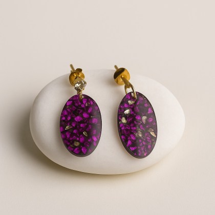 Οβάλ σκουλαρίκια με μωβ και ασημί ημιπολύτιμους λίθους