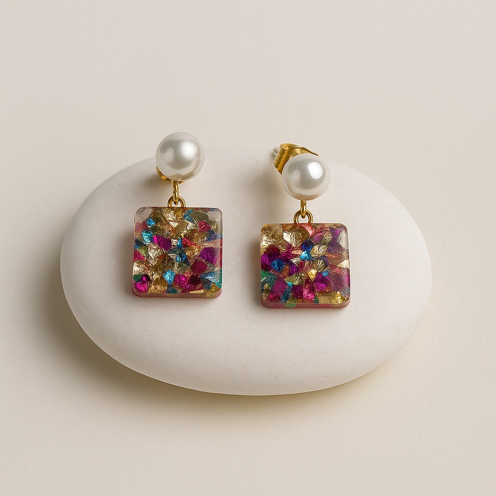 Σκουλαρίκια κύβος με πολύχρωμους ημιπολύτιμους λίθους