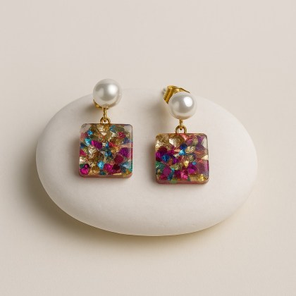 Σκουλαρίκια κύβος με πολύχρωμους ημιπολύτιμους λίθους