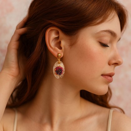 Χειροποίητα Σκουλαρίκια οβάλ Ρητίνης με τρισδιάστατες λεπτομέρειες